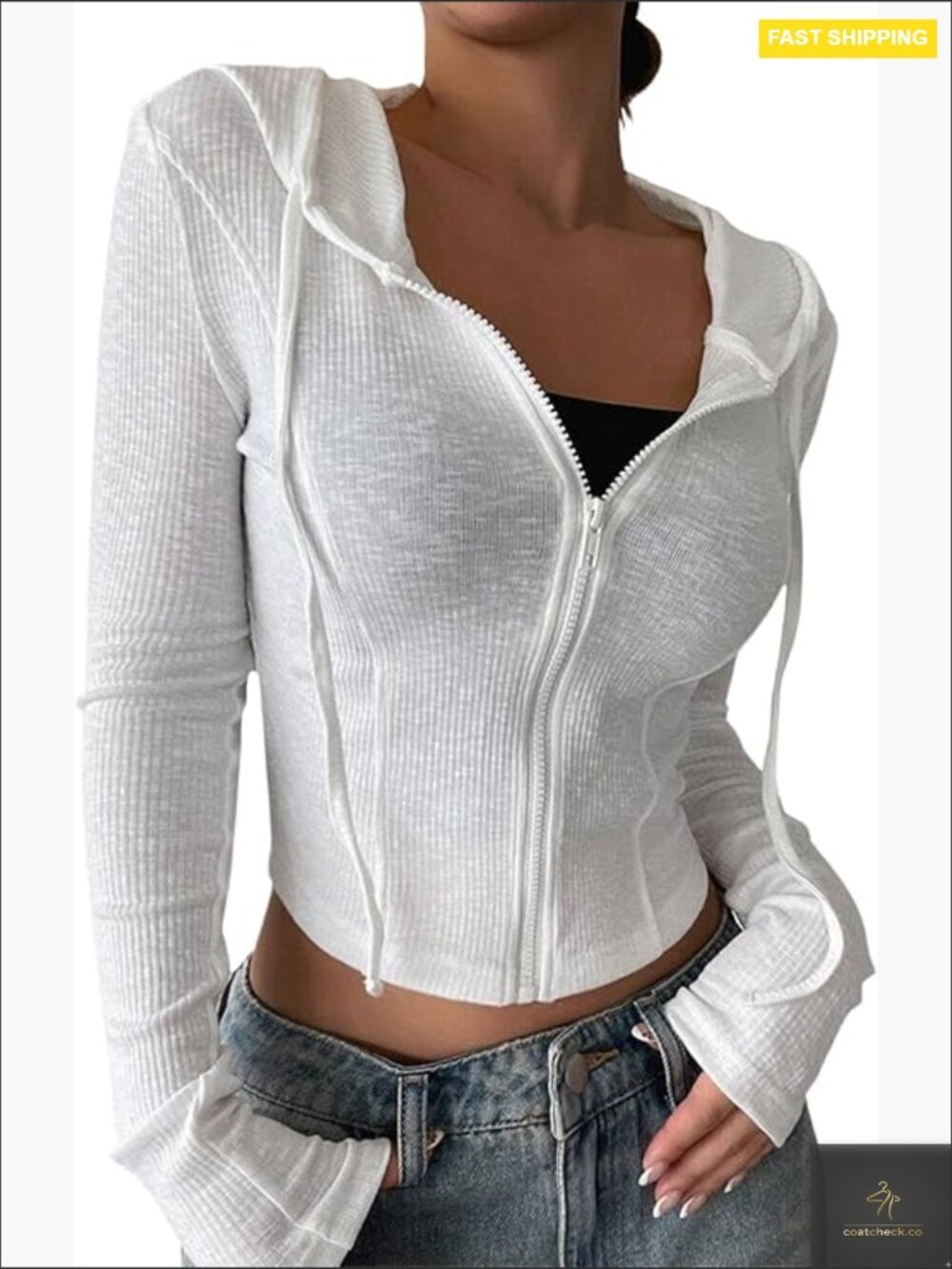 Cropped Zip Up Hoodie Lightweight Long Sleeve Rib Knit Slim Crop Jacket Casual